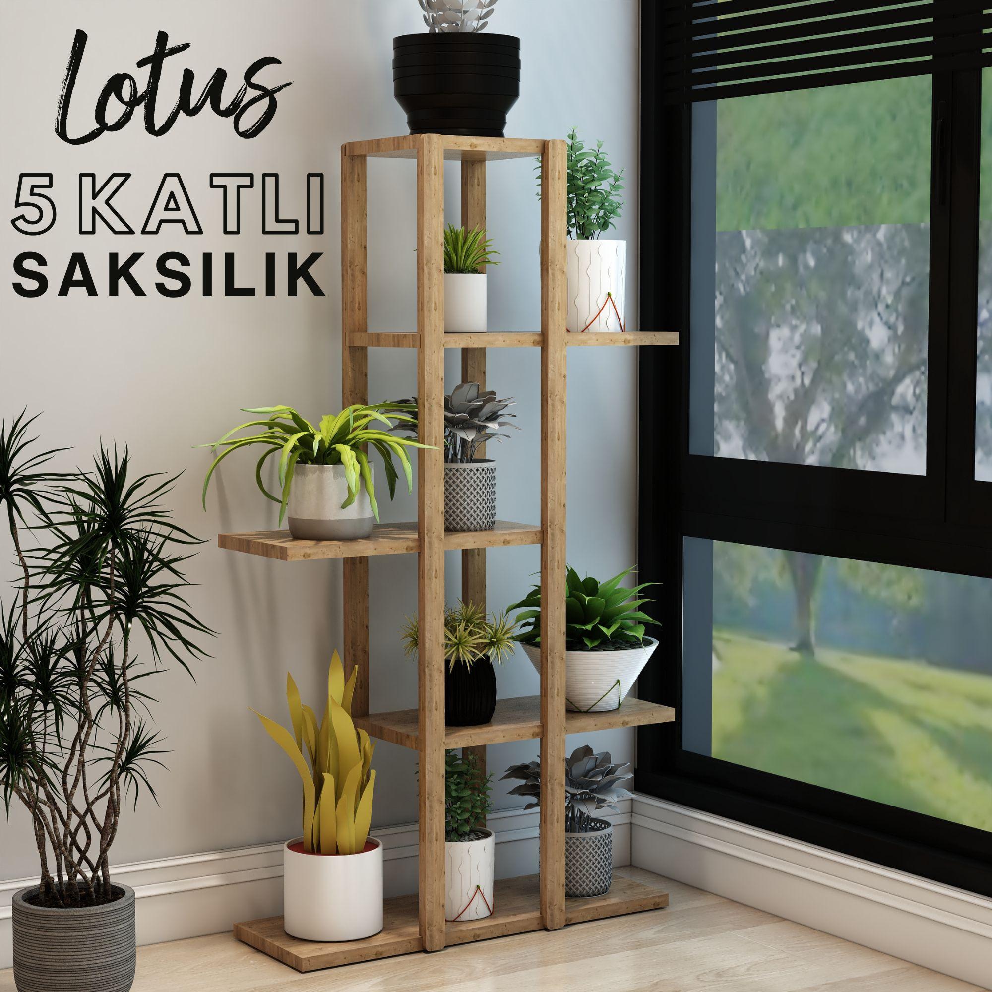 Lotus 5 Katlı Ahşap Çiçeklik, Saksılık, Saksı Standı / Dekoratif Raf / Çok Amaçlı Kullanım (Atlantik Çam)